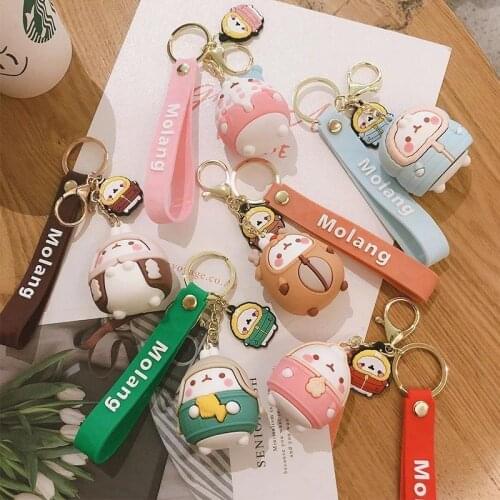 K20016 Couple Molang Rabbit Korean Cartoon Gift Cute Bell Silicone Doll Men Women Key Chain Car Bag Phone Pendant