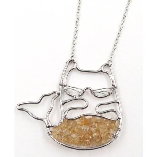 FYSL Silver Plated Wire Wrap Lovely Cat Shape Citrines Crystal Pendant Link Chain Necklace Tourmaline Stone Animal Jewelry