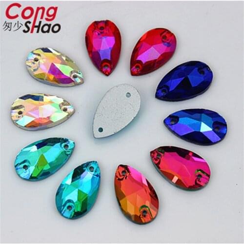 Cong Shao 50pcs 11*18mm AB Colorful Flatback Glass Drop Rhinestone stones and crystals sewing 2 Hole DIY Wedding Dress CS253