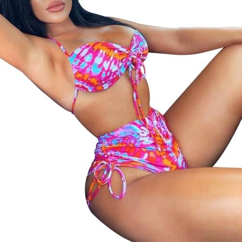 Women Neck-Hanging Swimsuit Bandage Backless Bikini Set Off-Shoulder Sleeveless Floral Printed High Wait Beachwear