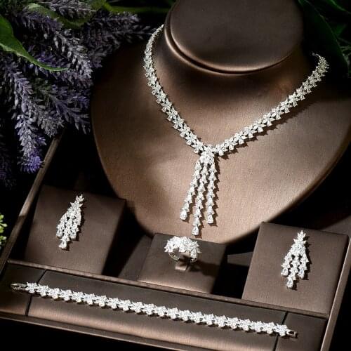 HIBRIDE Luxury 4PCS Leaf Tassel African Jewelry Set For Women Wedding Party Gift Zirconia Indian Dubai Bridal Jewelry Set N-1847
