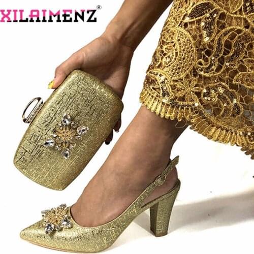 Gold Color African Women Matching Italian Wedding Shoes and Bag Set Decorated with Rhinestone Ladies Pointed Toe Party Sandals