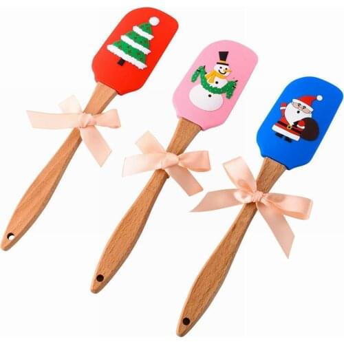 Creative Silicone Cooking Utensils Wooden Handle Non-Stick Spatula Cream Scraper Christmas Themed Kitchen Cooking Tools Gadget