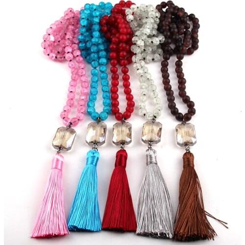Fashion Bohemian Jewelry Popcorn Glass Long Knotted Crystal Link Tassel Pendant Necklaces For Women Jewelry