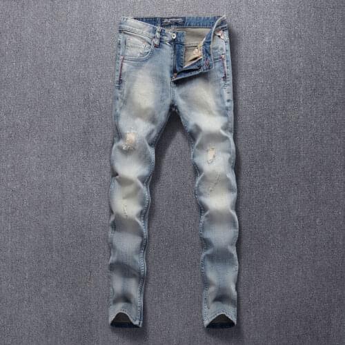 Korean Style Fashion Men Jeans Retro Light Blue Elastic Slim Fit Ripped Jeans Men Patchwork Designer Vintage Casual Denim Pants