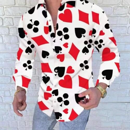 Men Long Sleeve Shirt Poker Card Print Male Blouse Casual Shirts Autumn Button-Down Shirts Men top Clothes camisa masculina sale