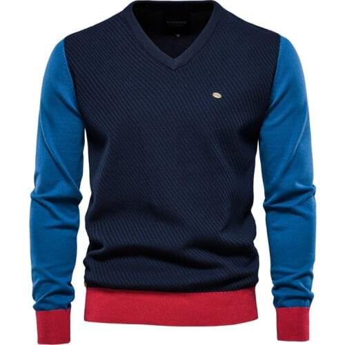 AIOPESON V-neck Cotton Sweater Men Casual Color Contrast Spliced Pullovers Knitted Sweater Male Winter Streetwear Mens Sweaters