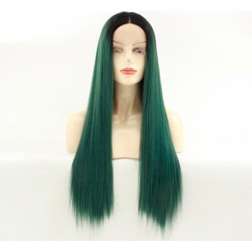 Ombre Green Black Roots Lace Front Wig Silky Straight for Women High Quality Synthetic Kanekalon Fiber Hair Party Cosplay Wigs