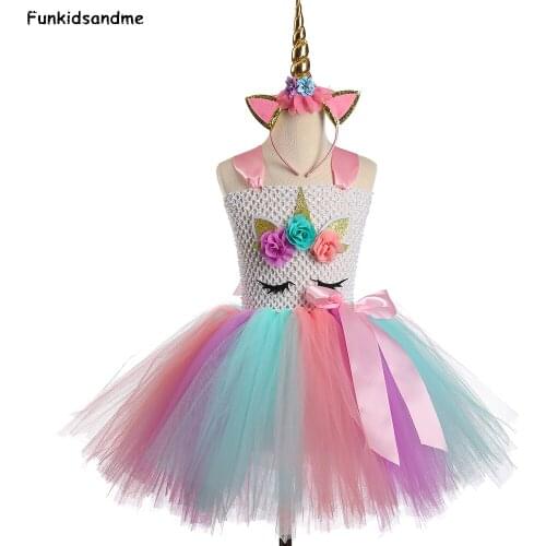 Girls Unicorn Tutu Dress Flowers Princess Party Dress for Kids Girl Unicorn Dress Child Christmas Halloween Pony Cosplay Costume