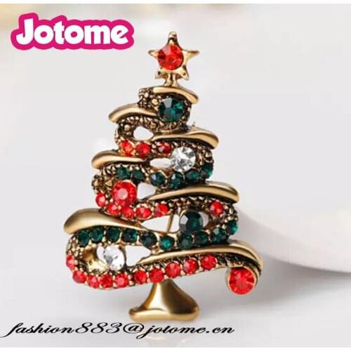 Holiday Gift Fashion gold metal red Crystal Rhinestone Christmas Tree brooch safety pins for christmas gifts