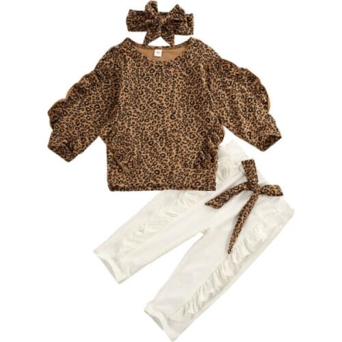 Pudcoco US Stock 3PCS 0-5 Years Baby Girl Autumn Clothes Ruffle Print Leopard Tops Bow Solid Leggings Pants Outfit Set Tracksuit
