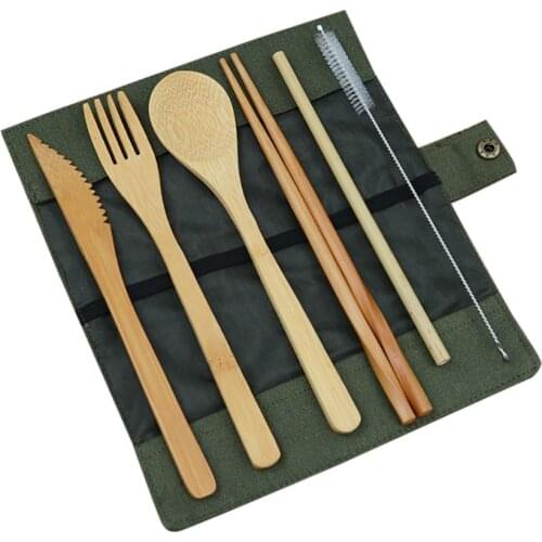 Travel Camping Bamboo Cutlery Set Portable Tableware Wooden Cutlery Fork Spoon Knife Set with Cutlery Bag for Travel Utensil Set
