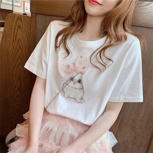 Womens T-shirt Round neck rabbit sweet short-sleeved Tee Cartoons loose cotton top Kawaii clothes
