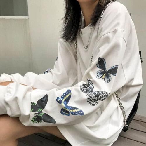 Woman Tshirts Long-sleeved T-shirt Women 2021 Autumn New Harajuku Style Bf Style Butterfly Print Korean Student Loose Top