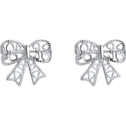 A Girl' Retro Design Style Silver Hollow Bow Stud Earring Small Romantic Butterfly Heart Earring For Women Girl Birthday Gift