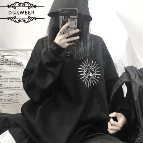 DUEWEER Womens Hoodies Printed Plus Velvet Hip-hop Harajuku Black Korean Style Trend Ulzzang Loose Large Size Women Hoodie