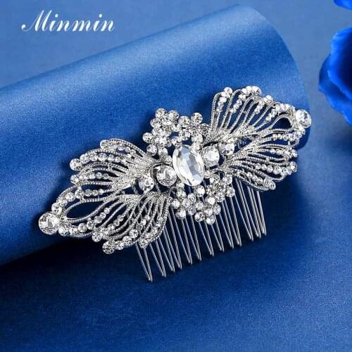 Minmin Elegant Rosette Shape Wedding Hair Jewelry for Women Luxury Hair Accessories Crystal Leaf Silver Color Hair Combs MFS250