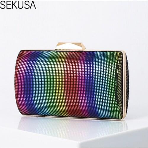 Rainbow Color Women Clutch Evenign Bags Chain Shoulder Handbags PU Fashion Candy Dress Evening Purse