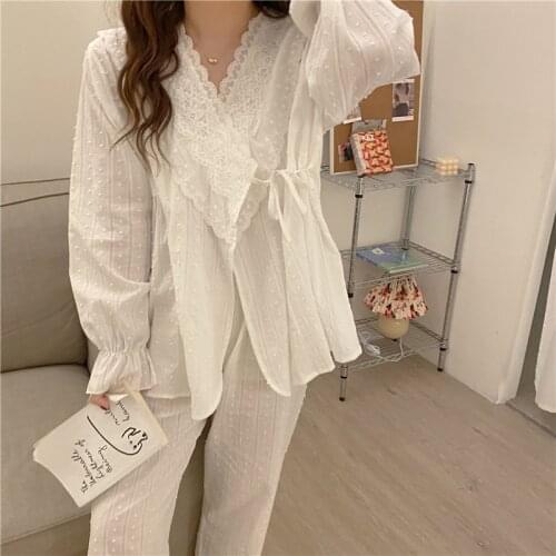 Womens Suit Elegant Lace Pure Color Cotton Sleepwear Suit Sweet Palace Style Casual Home Clothes 2 Piece Set Autumn Korean