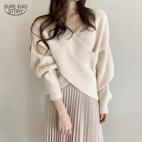 2021 Elegant Women Sweater Temperament Warm Pull Femme V-neck Loose Sweater Woman Autumn white Sweater Long-sleeved Top 16536