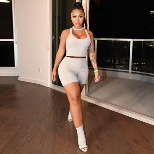 Neon Color Women Fitness 2 Two Piece Club Outfits 2021 Bandage Sleeveless Tank Tops and Biker Short Workout Casualware Outfit