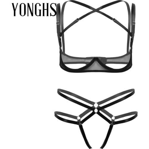 Womens Lingerie Open Crotch Hot Lingerie Bra Underwear Set Bandage Erotic Hot Open Cups Bra Top with Crotchless Briefs Underwear