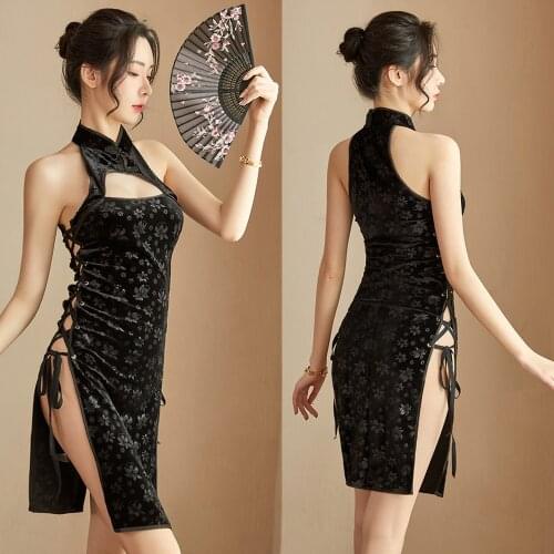 Retro Women Sexy Lingerie Stand-up Collar Chinese Cheongsam Slit Temptation Underwear Adjustable Straps Embroidered Sexy Clothes