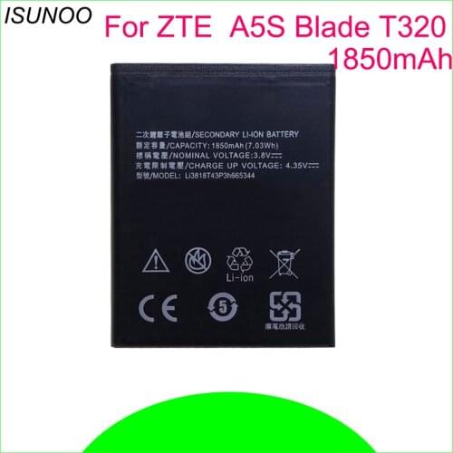 ISUNOO Li3818T43P3h665344 3.8V 1850mAh Battery for ZTE TWM AMAZING A5S Blade GF3 T320 Mobile Phone Battery
