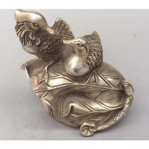 Collection Chinese Tibet Silver Carved Love Symbol Mandarin Duck Lotus Copper Statue Spouse Lovers Wedding Decoration