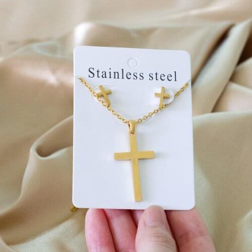 LUXUKISSKIDS Stainless Steel Cross Pendant Necklaces Stud Earrings Sets For Woman Gold Indian Wedding Jewelry Set bijoux female