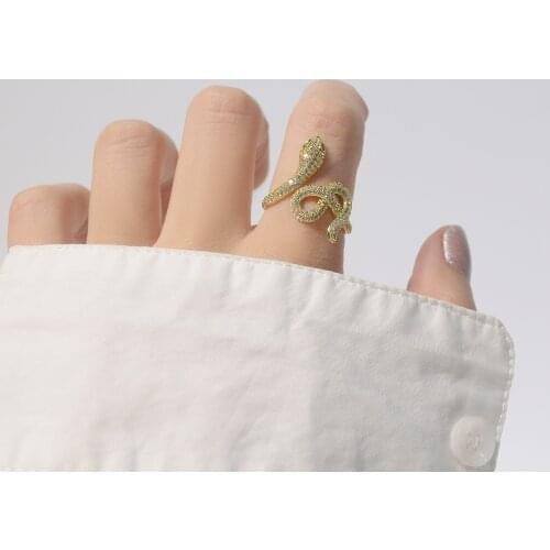 Creative design snake copper inlaid zircon ring womens opening adjustable 14K real gold plating Korean rings jewelry