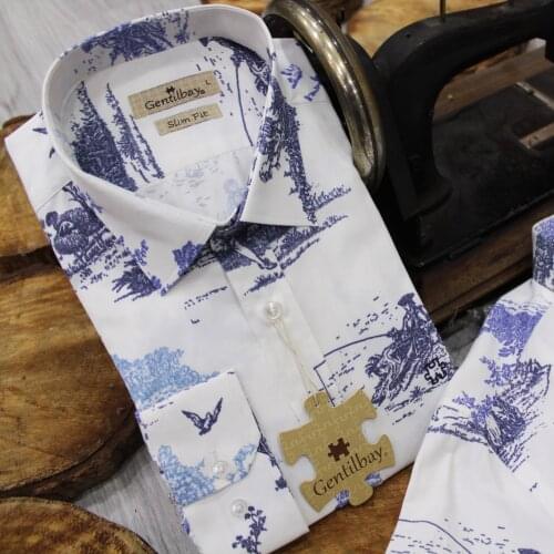 Gentilbay Mens Rome Digital Printed Blue Slimfit Long-Sleeve Sport Shirt DPD107