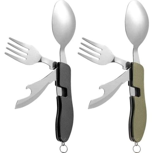 2Pcs Camping Utensils Cutlery Set, Portable 4 in 1 Stainless Steel Travel Utensil, Foldable Knife Fork Spoon Camping