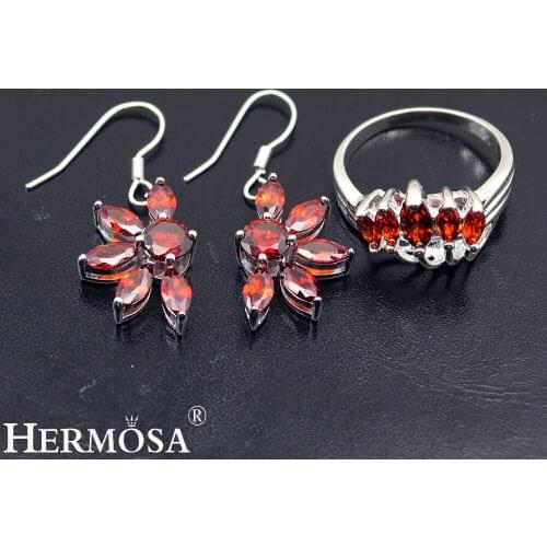 Sweet Shiny Garnet Jewellery Set Silver Color Earrings Ring Size 9 For women NY809 Pretty Hot Lady Wedding Party Gift