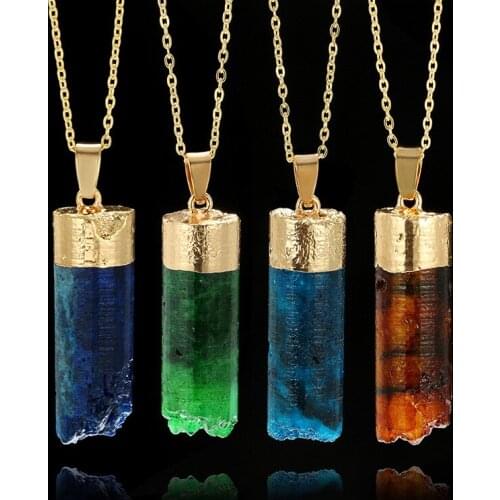 Natural Crystal Cylinder Stone Necklace Broken Gradient Cuboid Natural Stone Pendant Necklace Sweater Chain Jewelry Accessories