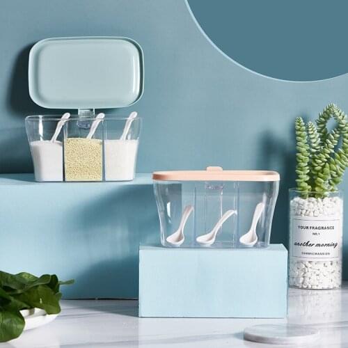 Plastic Household Transparent Seasoning Box with Spoon Creative Salt Shaker Storage Container Condiment Jar for Spice Sugar Salt
