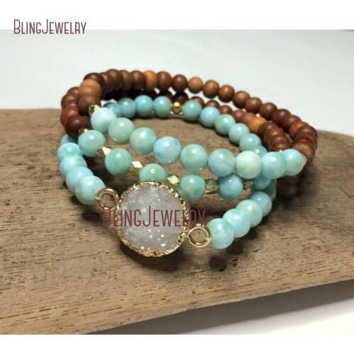 Sandalwood Larimar Stone Stretch Bracelets Boho Beaded Stacking Ocean Blue Genuine Dominican Larimar Dainty Minimal BM31374