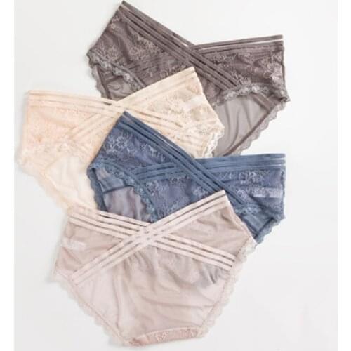 Sexy Mid Waist Briefs Lace See Through Panties Seamless For Women Girls Hollowed Out Cotton Transparent Mesh