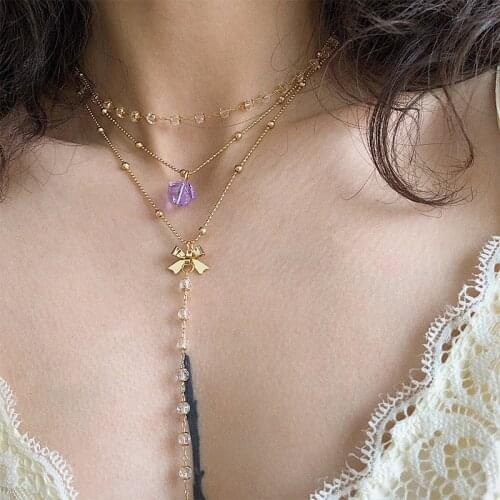 Punk Vintage Purple Crystal Pendant Necklaces for Women Fashion Bowknot Clavicle Chain Necklace Female Metal Jewelry 90s Party