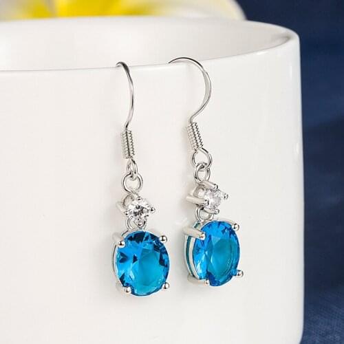 Korean Blue Crystal Earrings womens natural Topaz long earhook with diamond Zircon Earrings simple fashion jewelry