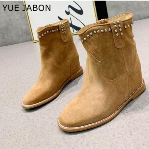 New Rivets Real Leather Women Ankle Boots Suede Flat Heel/Height Increasing Heel Winter Shoes Woman Casual Footwear Size 35-42