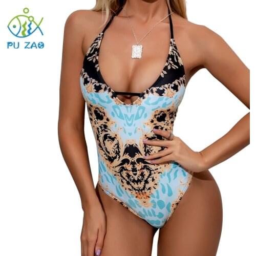 Women One Piece Suit Halter Swimwear Laced Back Retro Thong V Neck Print Bodysuit Backless High Cut Beachwear Bathingsuit 2021