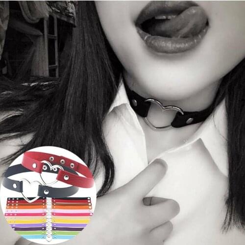 Punk PU Leather Choker Heart Chain Gothic Collar pretty Buckle Necklace Womens