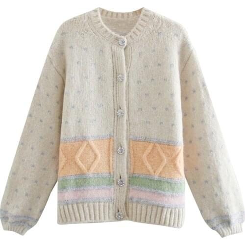 Za Womens Sweater Casual Dot Print Knitted Woolen Crystal Button Cardigans Long Sleeve Patchwork Color Loose Jackets Outwear