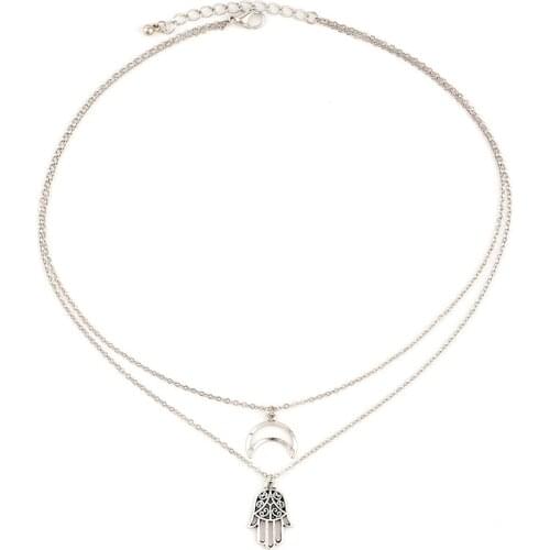 2 Pcs/Set Retro Women Necklaces Hollow Farama Hand Moon Multilayer Silver Color Necklace Set Simple Female Beach Party Jewelry