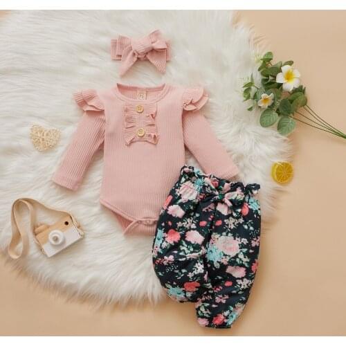 3Pcs Toddler Girl Fall Spring Auutmn Clothes set Ruffled Long Sleeve Romper Floral Pants Headband for Baby Girls Clothing
