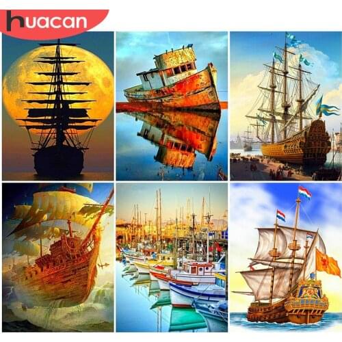 HUACAN 5D Diamond Painting Cross Stitch Sailboat DIY Diamond Embroidery Ship Full Square Painting Rhinestone Landscape Decor