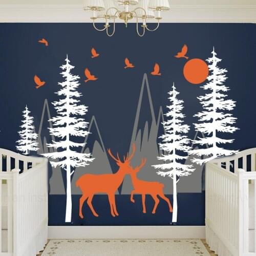 Large Nordic Mountain Birch Tree Deer Wall Sticker Jungle Woodland Wildlife Animal Wall Decal Play Kids Room Vinyl Home Decor