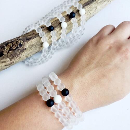 3PCS Chakra Beaded Bracelet 8mm Natural Stone Balanced Matte Crystal Black White Onyx Recycled Beach Glass For Women Men Jewelry