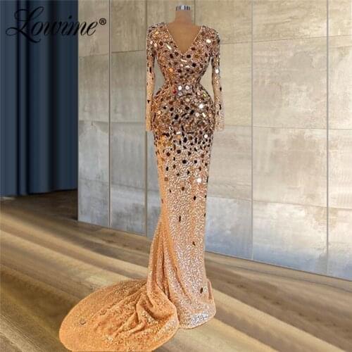 Crystals V Neck Long Evening Dresses 2021 Custom Made Long Sleeves Mermaid Formal Dubai Arabic Party Dress Prom Gowns Robes